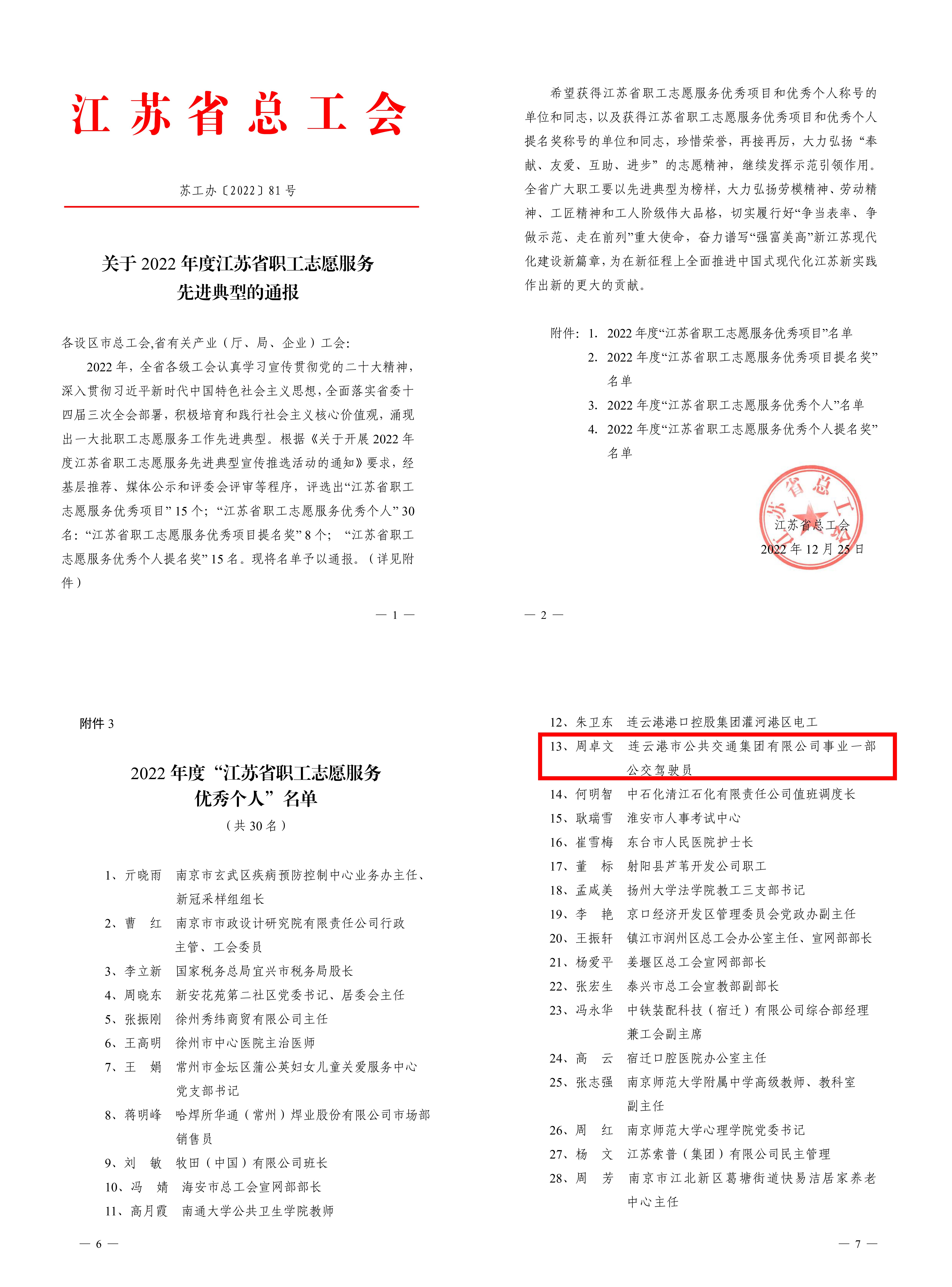 公交集團公交事業(yè)一部駕駛員周卓文榮獲“江蘇省職工志愿服務(wù)優(yōu)秀個(gè)人”榮譽(yù)稱(chēng)號